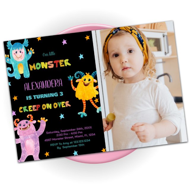 Convites Monster Birthday invita preto roxo com foto (Monster Birthday Invitations purple Black w photo)