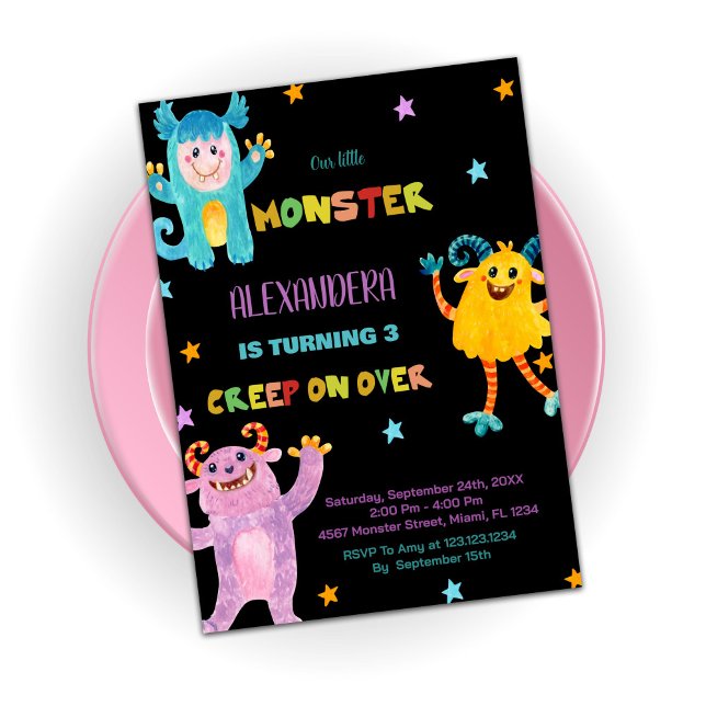 Convites Monster Birthday invita rosa preto roxo (Monster Birthday Invitations pink purple Black)
