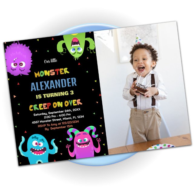 Convites Monster Birthday Invments Foto verde preta (Monster Birthday Invitations Green Black photo)