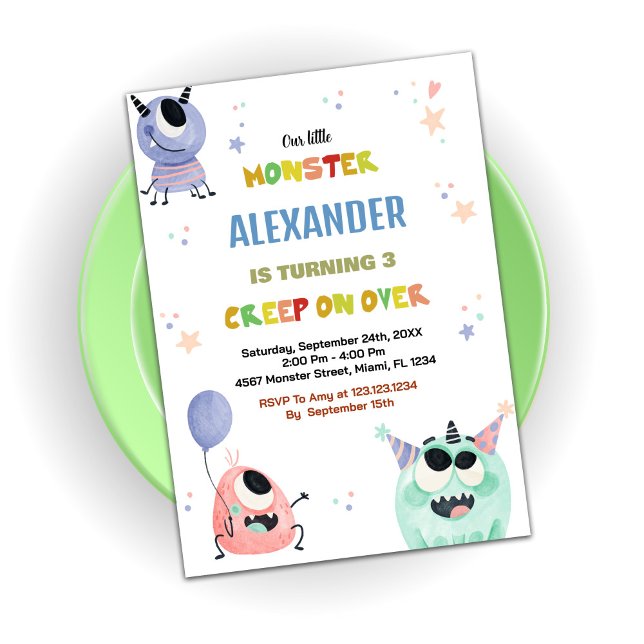 Convites Monster Birthday Invoca Estrela Laranja Verde (Monster Birthday Invitations Green Orange Star)