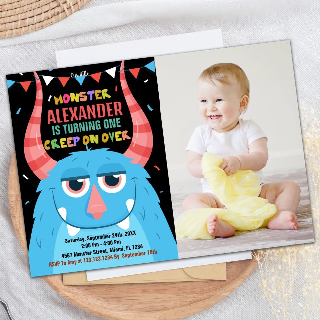 Convites Monster Birthday Invoca Foto Azul Preta (Monster Birthday Invitations Blue Black Photo)
