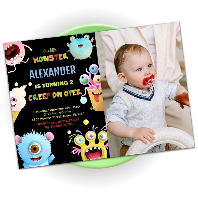 Convites Monster Birthday Invtions Black com foto (Monster Birthday Invitations Black with photo)