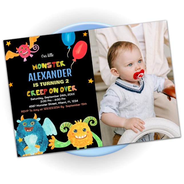 Convites Monster Birthday Invtions Black com foto (Monster Birthday Invitations Black with photo)