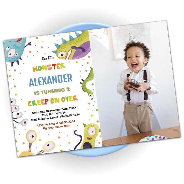 Convites Monster Birthday Invtions Dark Green com foto (Monster Birthday Invitations Dark Green with photo)