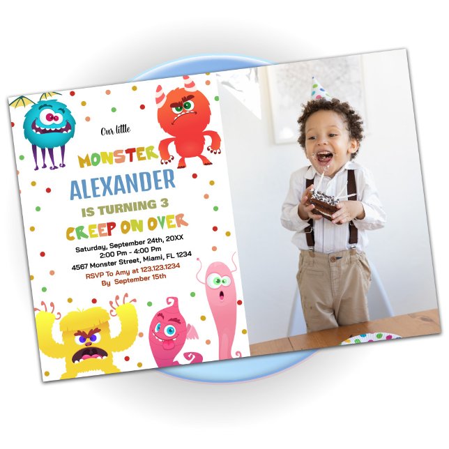 Convites Monster Birthday Invtions Red com foto (Monster Birthday Invitations Red with photo)