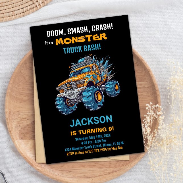 Convites Monster Caminhão Invoca Blue Black (Monster Truck Birthday Invitations Blue Black)