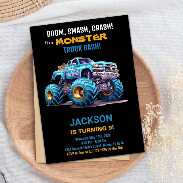 Convites Monster Caminhão Invoca Blue Black (Monster Truck Birthday Invitations Blue Black)