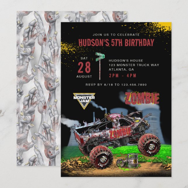 Convites Monster Jam - Aniversário Zumbi (Frente/Verso)