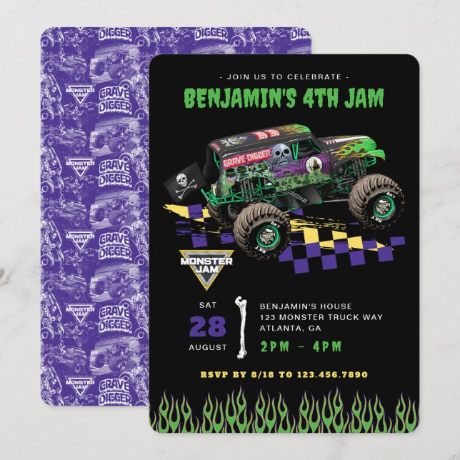 Convites Monster Jam - Grave Digger Birthday (Frente/Verso)