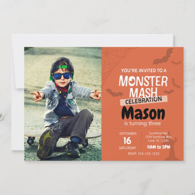 Convites Monster Mash Birthday Conite com foto (laranja) (Frente)