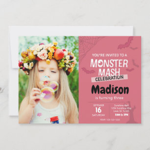 Convites Monster Mash Birthday Conite com foto (rosa)