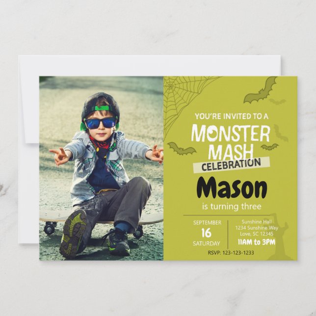 Convites Monster Mash Birthday Conite com foto (verde) (Frente)