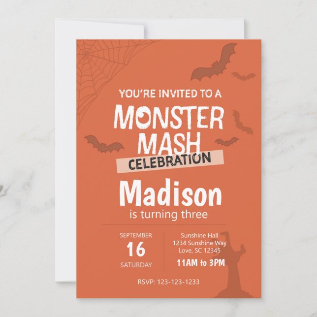 Convites Monster Mash Halloween Birthday Invite (laranja) (Frente)