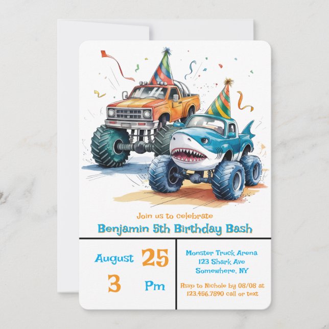 Convites Monster Shark Truck Birthday Bash Watercolor Art (Frente)