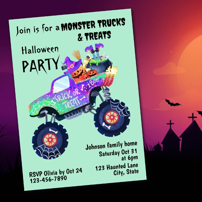 Convites Monster Truck And Treats Halloween Party  (Criador carregado)