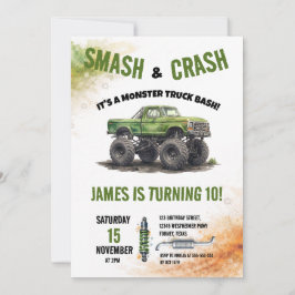 Convites Monster Truck Aquarela de Aniversário Smash & Cras