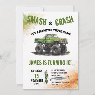 Convites Monster Truck Aquarela de Aniversário Smash & Cras