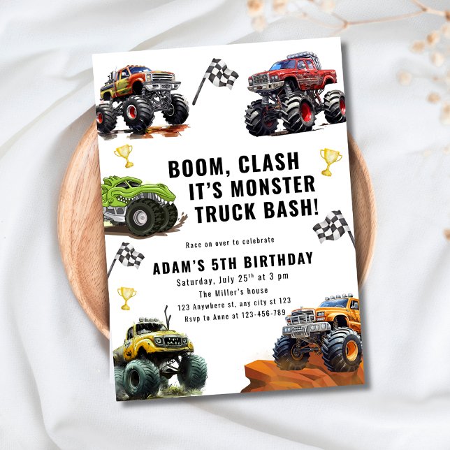 Convites Monster Truck Bash Birthday For Boys Race Car  (Criador carregado)