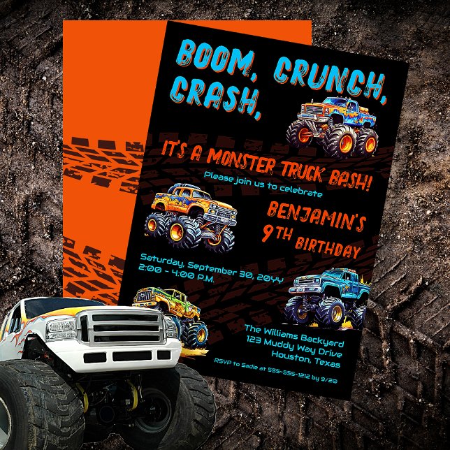Convites Monster Truck Bash Boy 9ª Festa de aniversário ("Boom, Crunch, Crash, It's A Monster Truck Bash" Boy's 9th Birthday Party Invitation)