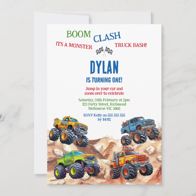 Convites Monster Truck Bash Boy Birthday Invitation (Frente)