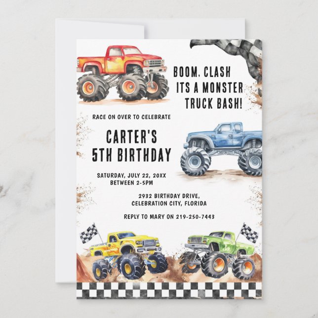 Convites Monster Truck Bash Boy Birthday Invitation (Frente)