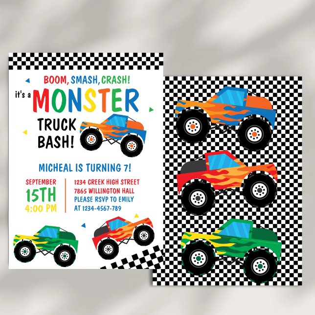 Convites Monster Truck Bash Colorful Grooved Kids Aniversár (Criador carregado)