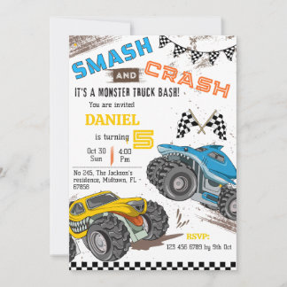 Convites Monster truck bash cool modern kid 5th birthday