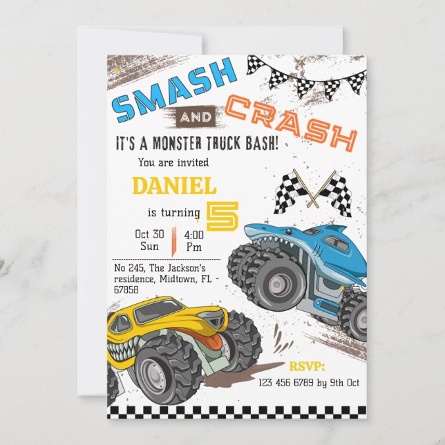 Convites Monster truck bash cool modern kid 5th birthday (Frente)