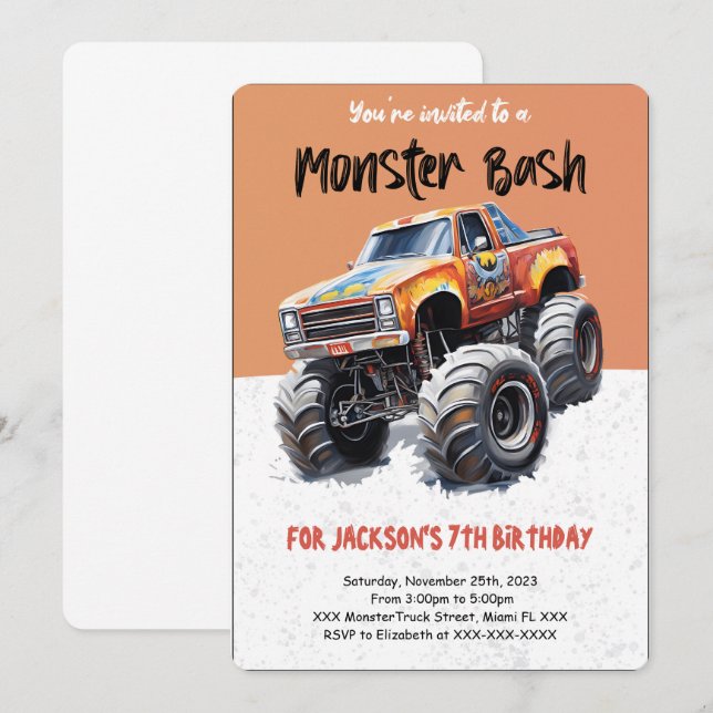 Convites Monster Truck Birthday (Frente/Verso)