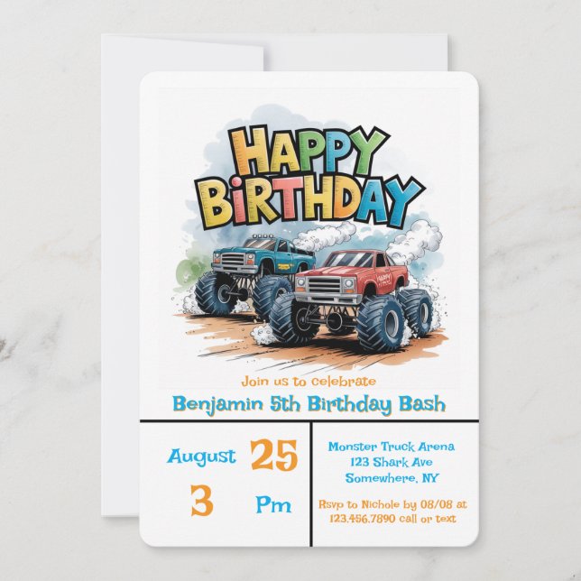 Convites Monster Truck Birthday Bash Watercolor Art (Frente)