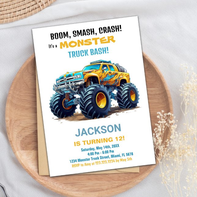 Convites Monster Truck Birthday Invances Amarelo (Monster Truck Birthday Invitations Yellow)