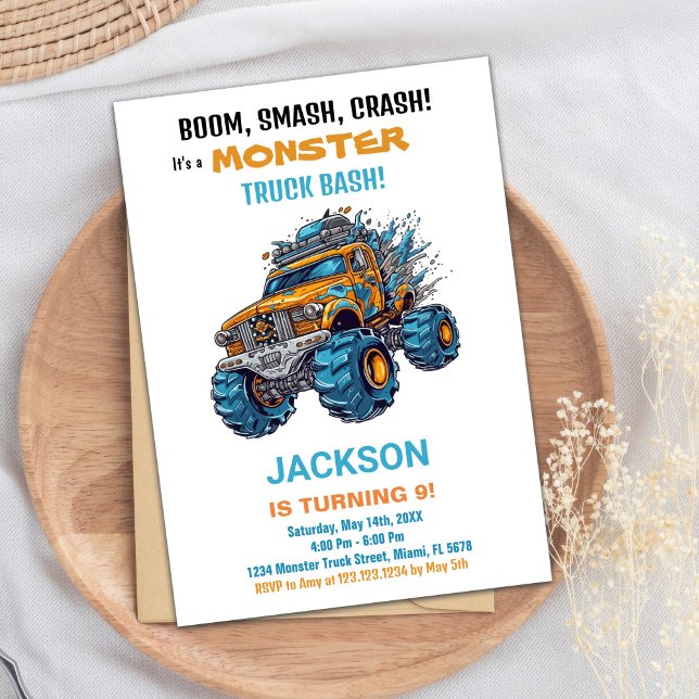 Convites Monster Truck Birthday Invances Blue (Monster Truck Birthday Invitations Blue)