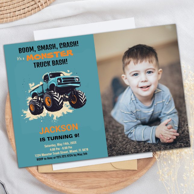 Convites Monster Truck Birthday Invances Blue Photo (Monster Truck Birthday Invitations Blue photo)