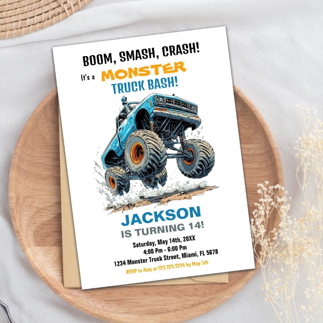 Convites Monster Truck Birthday Invances Blue White (Monster Truck Birthday Invitations Blue White)