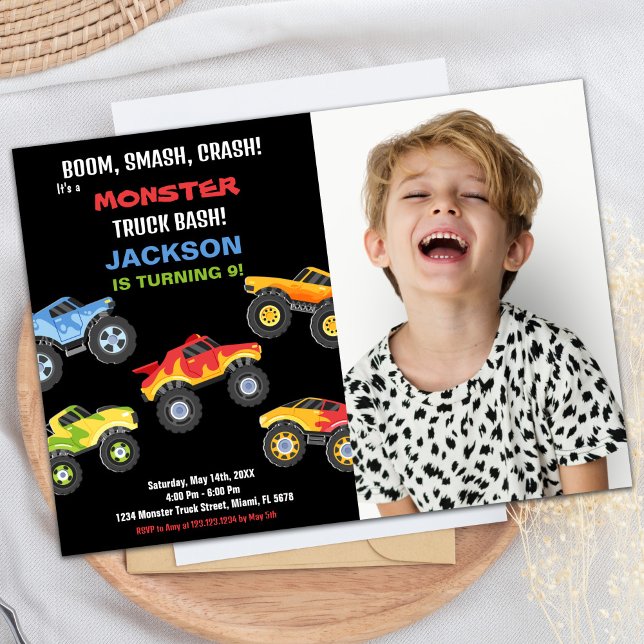 Convites Monster Truck Birthday Invances com foto (Monster Truck Birthday Invitations with photo)