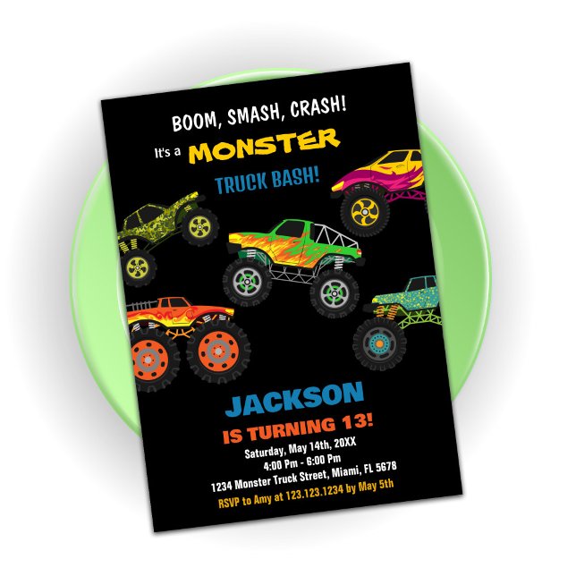 Convites Monster Truck Birthday Invices Cores Pretos (Monster Truck Birthday Invitations Colours Black)