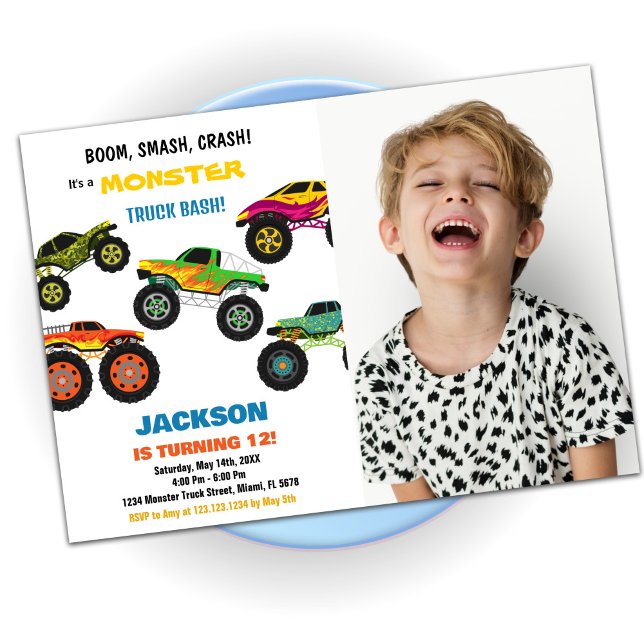 Convites Monster Truck Birthday Invices Cores w Foto (Monster Truck Birthday Invitations Colours w Photo)