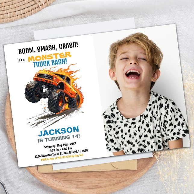 Convites Monster Truck Birthday Invoca Foto Azul (Monster Truck Birthday Invitations Blue Photo)