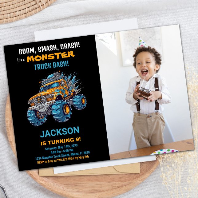 Convites Monster Truck Birthday Invoca Foto Azul (Monster Truck Birthday Invitations Blue Photo)