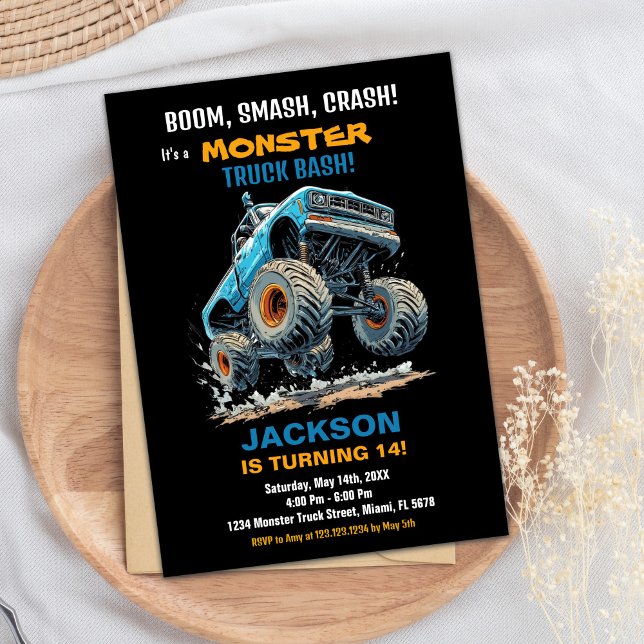 Convites Monster Truck Birthday Invoca Salto Azul (Monster Truck Birthday Invitations Blue Jump)