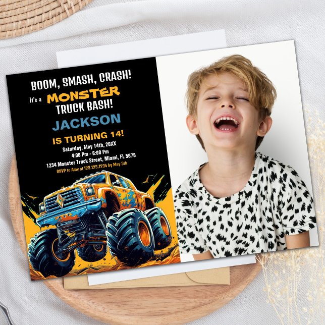 Convites Monster Truck Birthday Invtions Foto Amarelo (Monster Truck Birthday Invitations Photo Yellow)