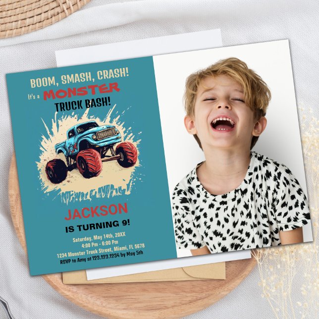 Convites Monster Truck Birthday Invtions Green w Foto (Monster Truck Birthday Invitations Green w Photo)
