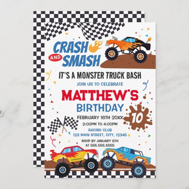 Convites Monster Truck Birthday Party Invitation (Frente/Verso)