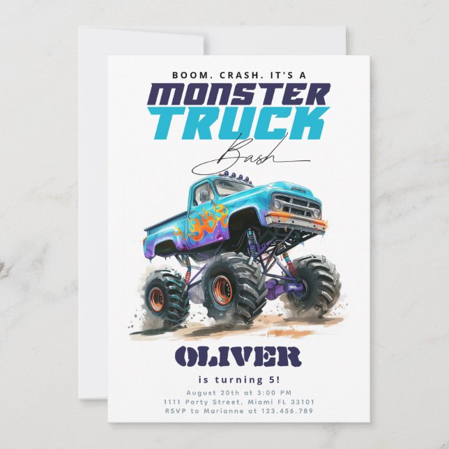 Convites Monster Truck Blue Birthday (Frente)