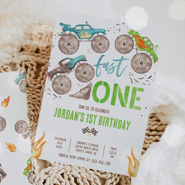 Convites Monster Truck Boy Fast Um Partido de primeiro aniv (Criador carregado)