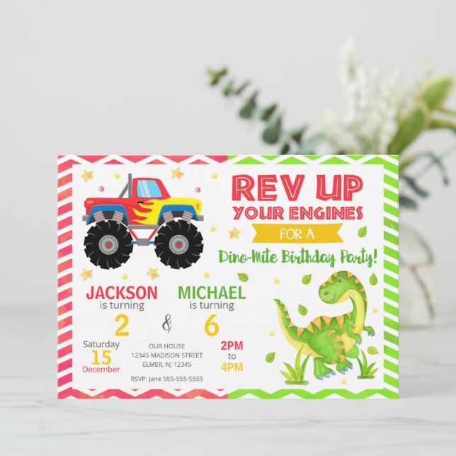 Convites Monster Truck & Dinosaur Joint Birthday Invitation (Em pé/Frente)