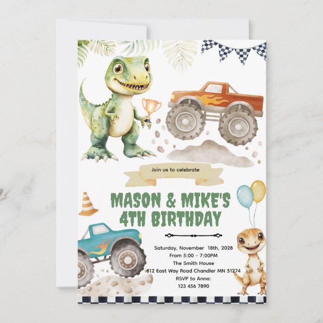Convites Monster truck dinosaur theme invitation (Frente)