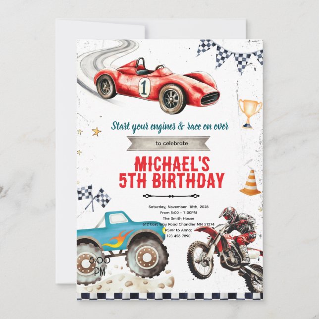 Convites Monster truck Dirt Bikes and race car theme invite (Frente)