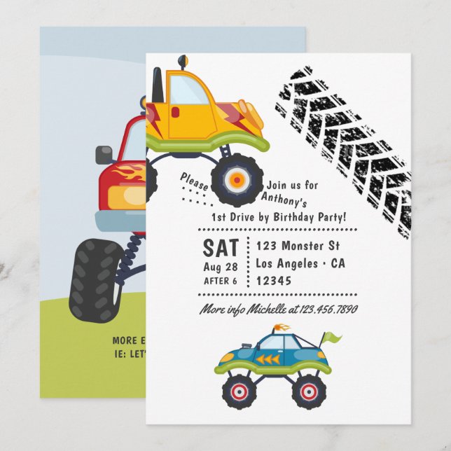 Convites Monster Truck Drive By Festa de aniversário (Frente/Verso)
