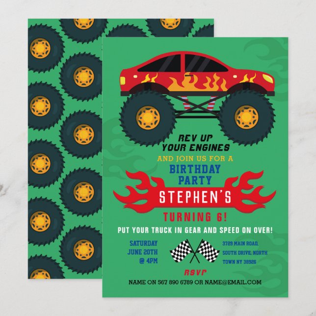 Convites Monster Truck Festa de aniversário Chama Grande Co (Frente/Verso)